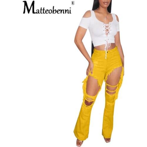 Red And Yellow Big Hole Hollow Large Size Jeans Womens High Waist Side Fringed Flared Pants Streetwear Flared Pants Flare Jeans