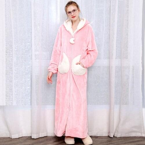 Women Winter Long Flannel Fleece Hooded Nightdress Lover Warm Star Moon Zipper Sleepshirt Kimono Sleepwear Night Wear Dress Gown