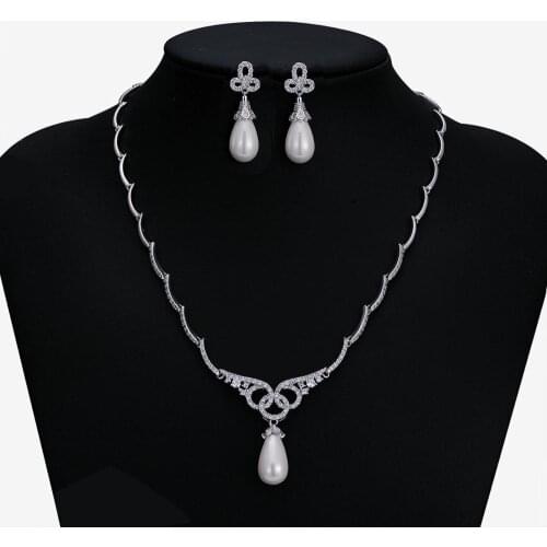 Classic Full 5A Cubic Zirconia Pearl Bridal Wedding Necklace Earring Set Top Quality Women Prom Party Jewelry Sets CN10236