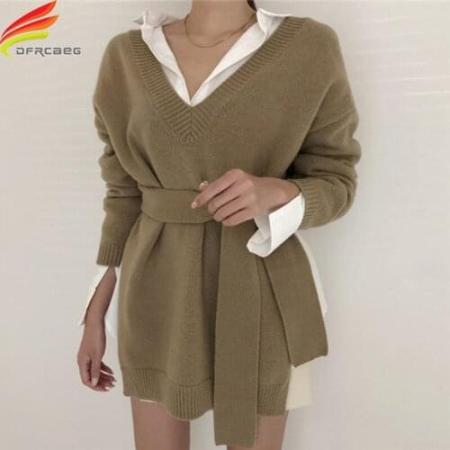 New 2020 Winter Woman Sweaters V Neck Irregular Knit Sweater With Belt Two Kind Wear Minimalist Women Pullovers Tops