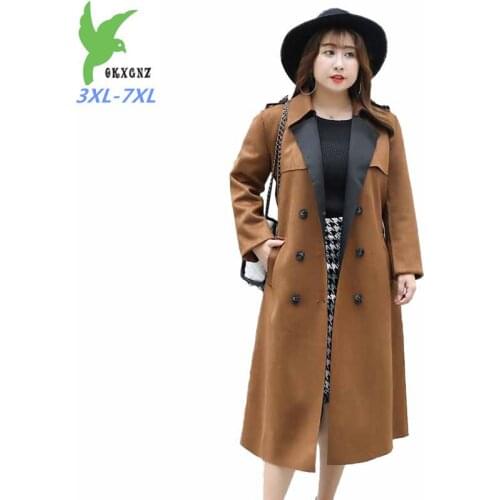 2019 Chamois Suede Trench coat Women Spring Autumn Plus size 3XL-7XL Double-breasted Windbreaker Female Long Coat Belt slim G73