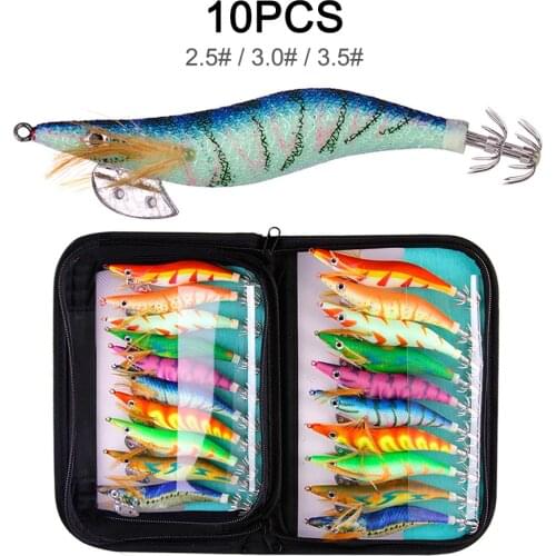 10pcs/set Squid Bait Hook 2.5# 3.0# 3.5# Wooden Shrimp Jig Fishing Lures Hooks Wood Artificial Luminous Jigging Lure with Bag