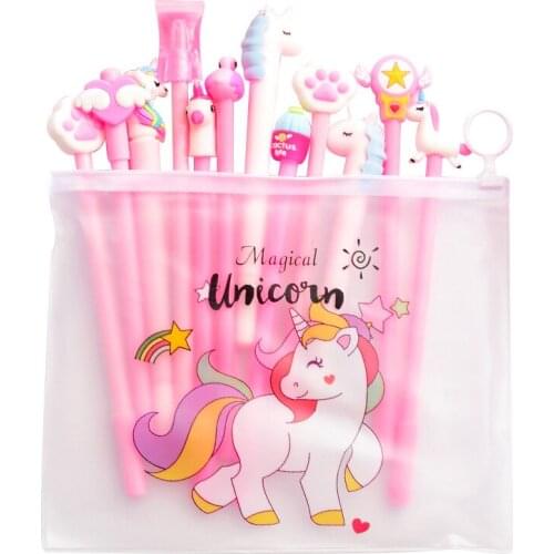 10pcs Cartoon Pen in Rainbow Unicorn Bag Set Black Color Gel Ink Ballpoint Pens for Writing Cute Stationery Office School F911
