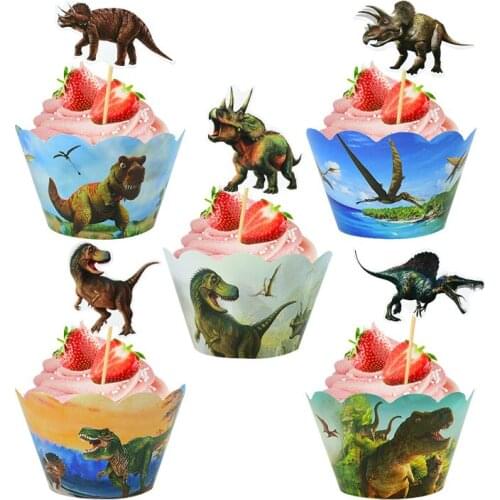 24pcs Dinosaur Cupcake Wrapping Cake Topper Happy Birthday Cake Decoraing Jungle Safari Party Decoration Baby Shower Supplies