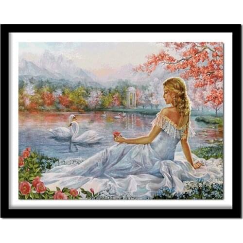 Diamond embroidery sale autumn scenery diamond painting"girl & swan"full diamond pictures SquareRound cross-stitch H452