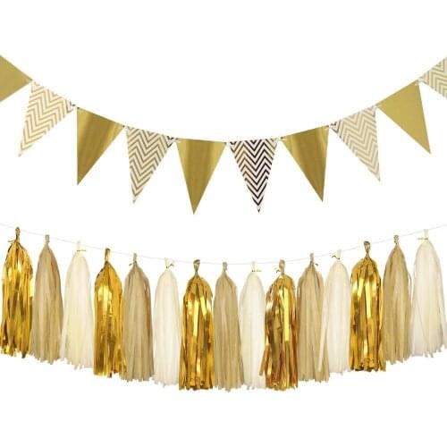 Sparkly Paper Pennant Banner Flags Bunting 8.2 Feet and Tissue Paper Tassels Garland 15 pcs for Baby Shower, Birthday Party deco