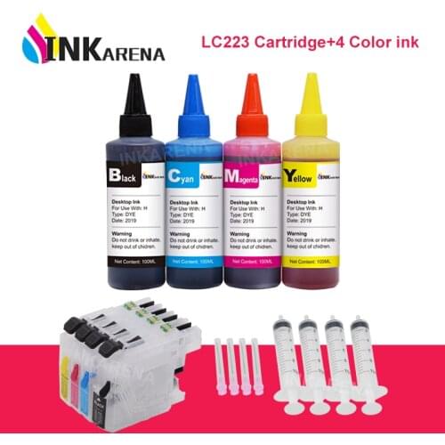 INKARENA 4×100ml Printer Ink + LC223 XL Refillable Ink Cartridges For Brother LC 223 221 225 227 229 MFC J5320DW J5620DW J5625DW