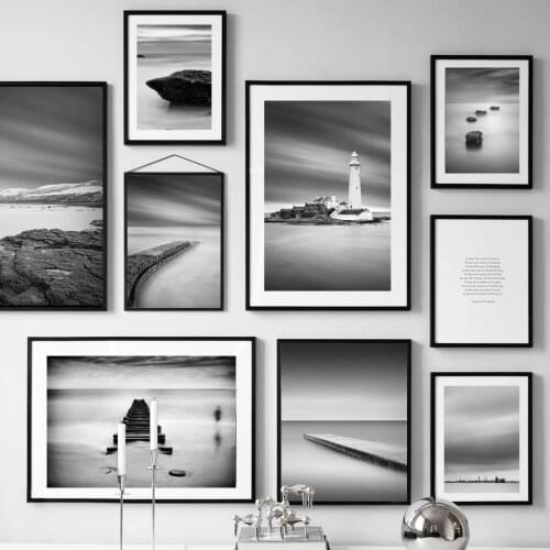 Black and White Painting Lighthouse Island Stone Sea Beach Wall Art Canvas Nordic Posters and Prints Living Room Mural
