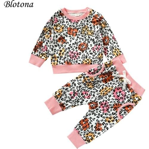 Blotona Baby Leopard Print Clothes Set, Boys Girls Long Sleeve O-neck T-shirt + Drawstring Waist Trousers, 0-3Years