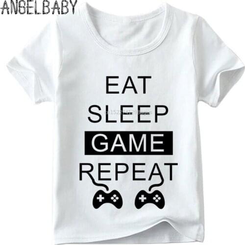 Children Eat Sleep Game Repeat Print Funny T shirt Kids Summer Short Sleeve Tops Boys and Girls Casual White T-shirt,HKP4021