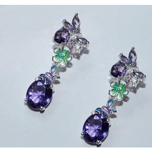 Exquisite Purple Crystal Drop Earrings Jewelry 925 sterling silver Jewelry Handmade Flower Statement Earring for Women