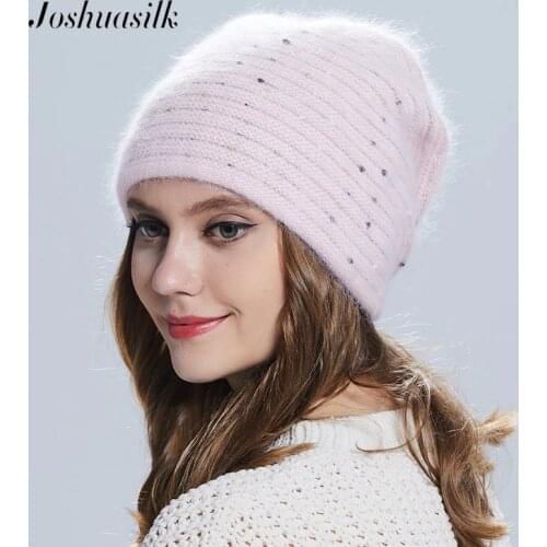 Joshuasilk winter Women hat Butterfly knitted wool angora Striped hats With Gold decoration cap Double warm hat