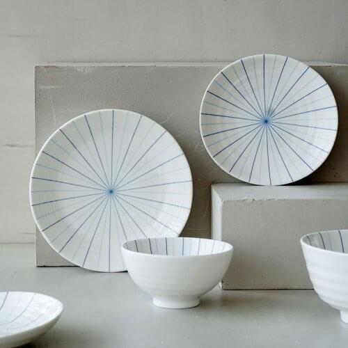Ceramic dinner plates white simple style rice noodle soup bowls under glazed line printed food container deep plate steak dish
