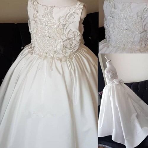 Real Photo Lace Pearls Girl Dresses for Wedding Satin First Communion Dresses Pageant Wedding Gowns for Girl