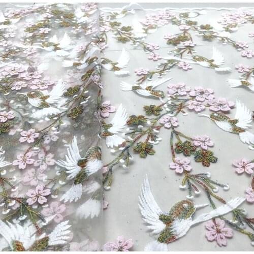 3D Pink and purple color metal thread bird peach blossom embroidered lace cheongsam dress skirt childrens clothing fabric
