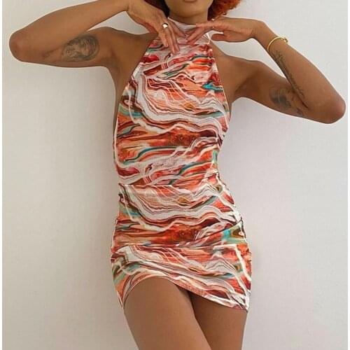Summer Sexy Halter Mini Dress Multicolor Abstract Print Sleeveless Slim Fit Backless Female Beach Vacation Clothes Dress