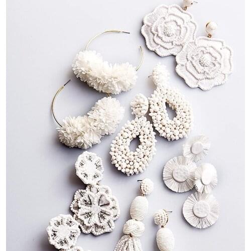 FASHIONSNOOPS White Big Earrings for Women 2021 Trendy Beads Flower Cotton Tassel Fringes Dangle Drop Earrings Wedding Jewelry