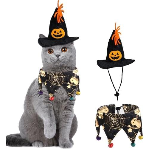 Halloween Pet Costume Sets Bat Wings Witch Cloak Wizard Hat Collar for Cats and Small Dogs Cosplay Halloween Party Decoration