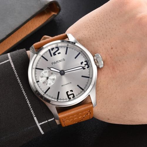 PARNIS Simple Hand Winding 46.5mm Round Men Wristwatch 6497 Movement Silver Color Dial