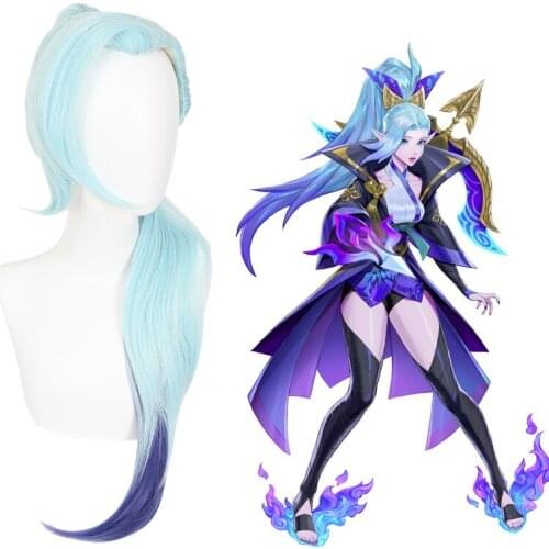 Game LOL Vayne Cosplay Wig Spirit Blossom Mint Green Mixed Blue Ponytail High Temperature Resistance Synthetic Hair Halloween