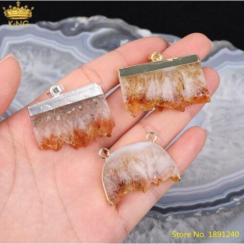 Natural Citrines Quartz Slab Slice Charms Pendants For Jewelry Making,Yellow Crystal Spacer Beads Gold Silvery Necklace Findings