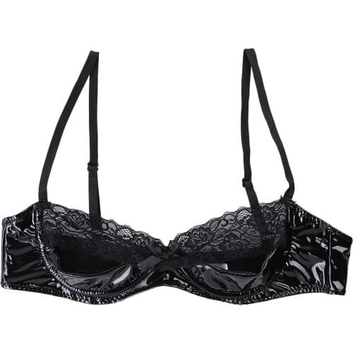 Alvivi Sexy Lingerie for Women Hot Erotic Bra Women Black Lace Patent Leather Sexy Costumes Underwear Spaghetti Bare Bra Tops