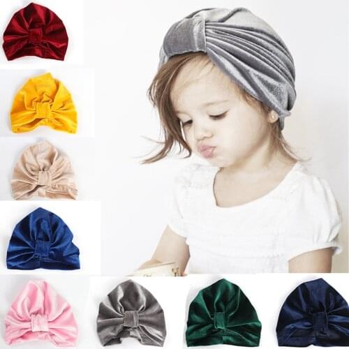 Baby girls Solid Color bow knot Hats Bebes Turban Hood Knotted Cap Unisex Gold velet Beanie Cute Hats Newborn Head Accessories