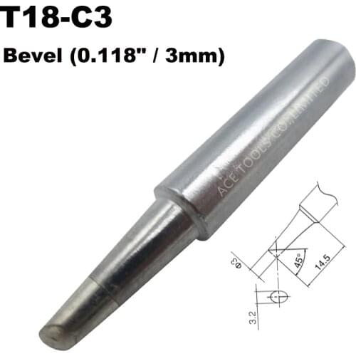 T18-C3 Soldering Tip Bevel 3mm 0.118" Fit HAKKO FX-888 FX-888D FX-8801 FX-600 Lead Free Iron Bit Nozzle Welding Handle Pencil