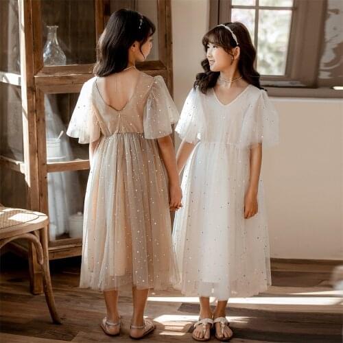 Spring Summer New V Collar Short Sleeved Girl Dress Princess Lace Mesh Dress Girl Girls Dresses For Party And Wedding