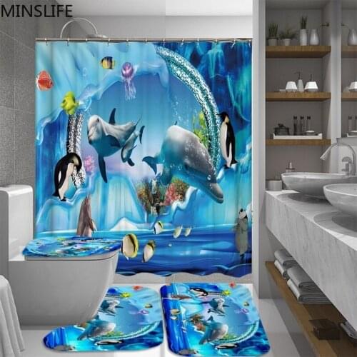 3D Ocean Sea World Dolphin Penguin Waterproof Shower Curtain Set Non-slip Flannel Toilet Seat Cover Rugs Sets Bathroom Decor