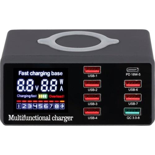 Charger 8 Port Wireless USB Charger Quick Charge PD+QC3.0+USB Port Charge Station with LED Display for Phone/Laptop/Tablet