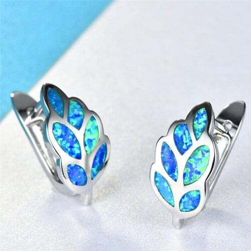 Luxury 925 Sterling Silver Tree Leaf Hoop Earrings For Women Blue White Fire Opal Earrings Female Wedding Piercing Jewelry Gifts