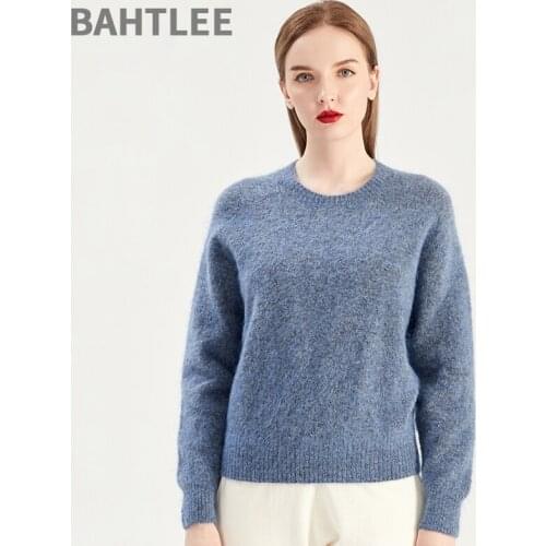 BAHTLEE Women Wool Mohair Short Pullover O-Neck Sweater Long Sleeves Autumn Winter Knitted Jumper Keep Warm Loose Style Gray