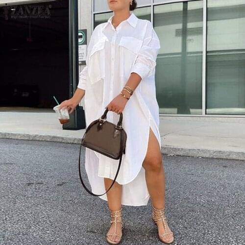 Women Autumn Sundress ZANZEA Kaftan Shirt Dress Fashion Lapel Neck Long Sleeve Split Vestidos Casual Loose Asymmetrical Dresses