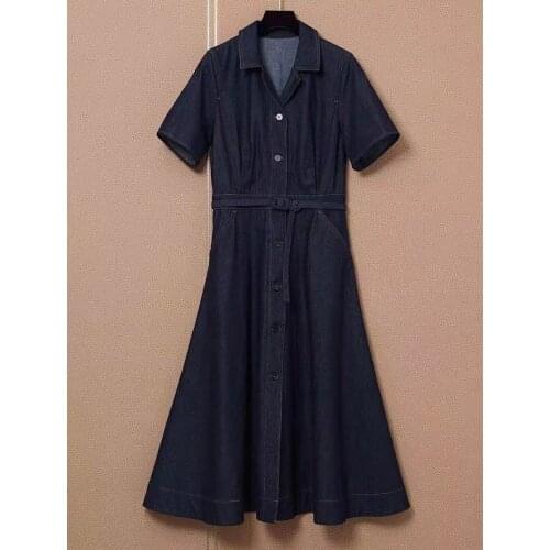 100%Cotton Denim Dress 2021 Autumn Style Women Turn-down Collar Belt Deco Short Sleeve Mid-Calf Length Casual Blue Jeans Dress