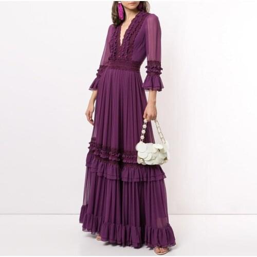 Summer Vintage Elegant Purple Long Party Dresses Women 2021 Runway Designers V-neck Lace Patchwork Ruffles Pleated Maxi Dress
