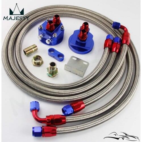 AN8 Alloy 8-AN Relocation Oil Filter/Sandwich Adapter kit + Steel/Steelness Braided Oil/Fuel line