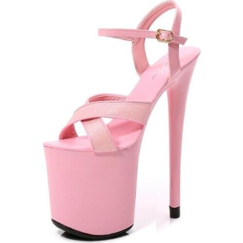 Women Sandals 20CM Thin High Heels Sandals Chaussures Femme Sequined Cloth Buckle Open Toed waterproof platform shoes women