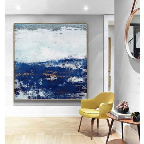 Pure 100% Hand-painted High Quality Abstract Deep Blue and Golden Oil Painting on Canvas Large Size Style for Home Decor