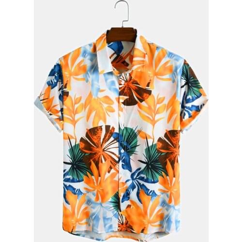 Hawaiian Men Leaves Print Shirt Lapel Neck Button Streetwear Casual Shirts Men Casual Short Sleeve Tops Shirts Chic Camisa 2021