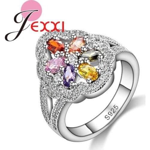 Exquisite Popular Women Pretty Colorful Crystal Rings 925 Sterling Silver Fashion Jewelry Lady Female Ring Lovers Gifts