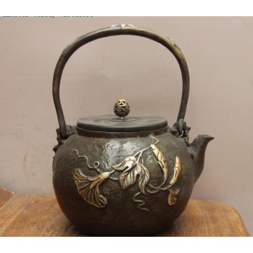 Jepanese Technics Iron Silver Gilt Morning Glory Water Bottle TeaPot Teakettle