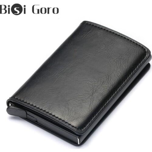 BISI GORO Vintage Credit Card Holder Men And Women Metal RFID Vintage Aluminium Box Crazy Horse PU Leather Fashion Card Wallet