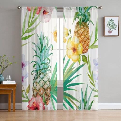 Summer Tropical Leaves Pineapple Flowers Voile Tulle Sheer Curtains for Bedroom Living Room Kitchen Decor Window Curtain