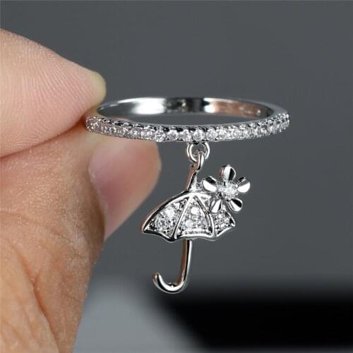 Cute Flower Small Umbrella Pendant Ring Dainty White Zircon Round Ring Vintage Gold Silver Color Wedding Rings For Women Jewelry