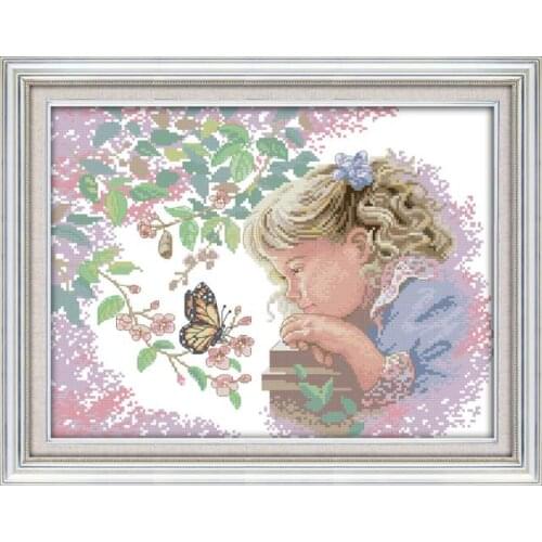 The little girl with butterfly cross stitch kit print canvas hand sew cross-stitching embroidery DIY handmade needlework