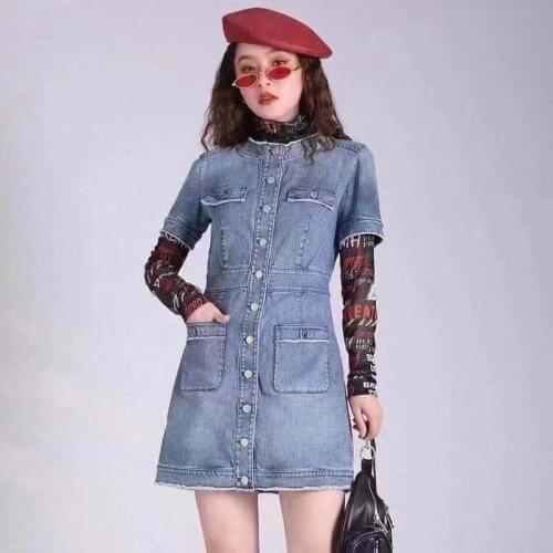 New slim and versatile womens pocket button short sleeve denim dress in spring 2021