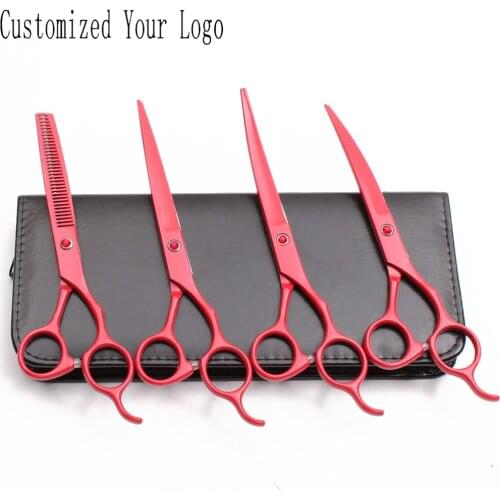 7" Customized Brand Red Stainless Dog Grooming Scissors Cutting Scissors Thinning Shears Up&Down Curve Scissors Pet Shears C3100
