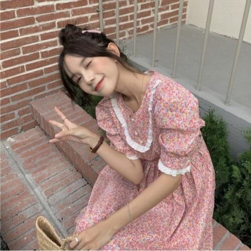 Bodycon Dress Retro Floral Puff Sleeve Dress Female Summer New Loose and Thin A-line Skirt Long Skirt