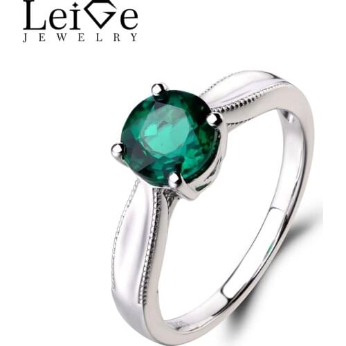 Leige Jewelry Engagement Ring Lab Emerald Ring Green Gemstone Round Cut 925 Sterling Silver Ring May Birthstone Solitaire Ring